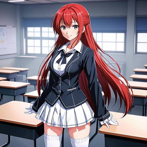 Anime-style digital drawing of a red-haired girl with long hair, blue eyes, wearing a black blazer, white shirt, and pleated skirt,