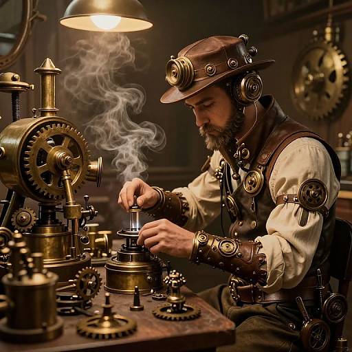 Steampunk engineer with beard, goggles, and leather hat, adjusts brass clockwork machinery under a warm, glowing lamp, with wisps of steam
