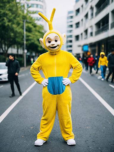 Adult in Yellow Teletubby Costume on Street