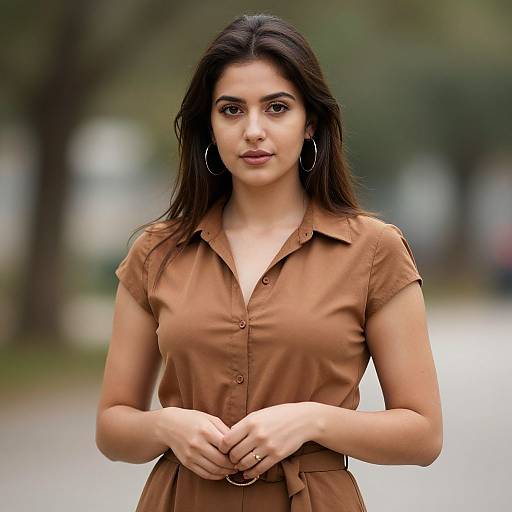 Photograph of a young woman with long dark hair, wearing a brown button-up shirt and hoop earrings, standing in a blurred outdoor setting, looking directly
