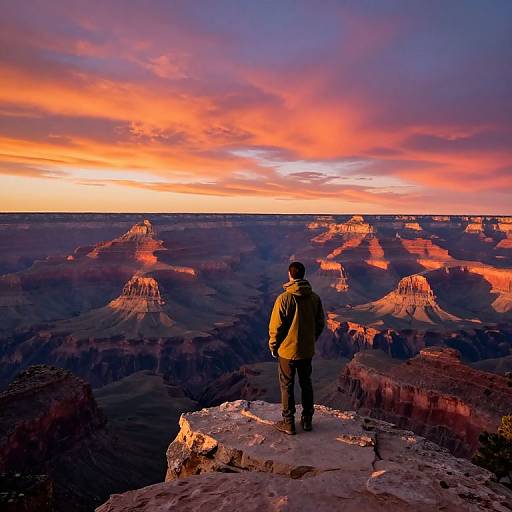 Photograph of a person in a yellow jacket standing on a Grand Canyon ledge, facing a vibrant sunset over the canyon's colorful, sunlit rock formations