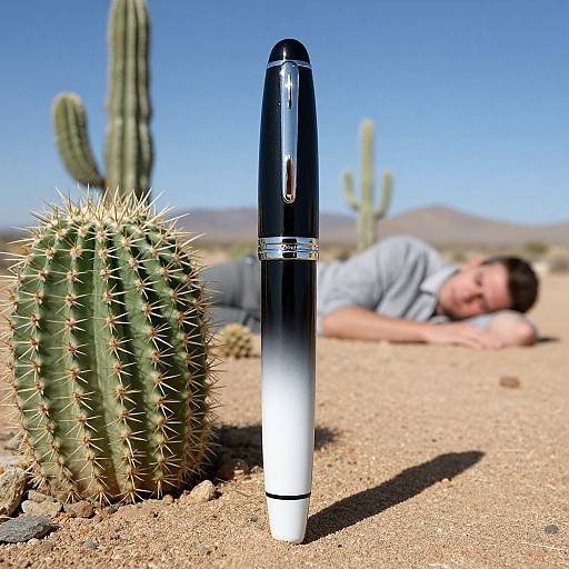 Photograph of a black-and-white pen standing upright in a desert, with a spiky cactus in the foreground and a man lying in the background