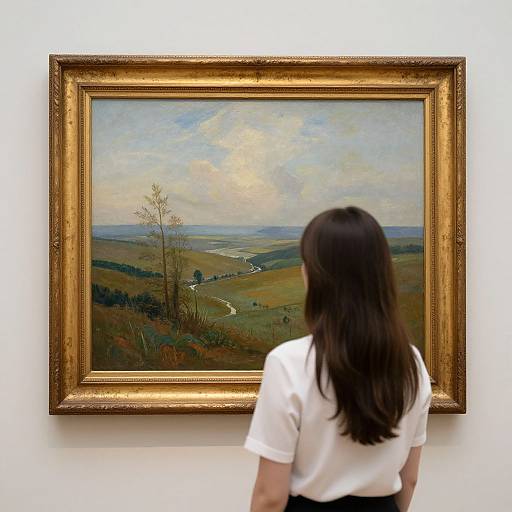 Woman Observing Golden-Framed Landscape Painting