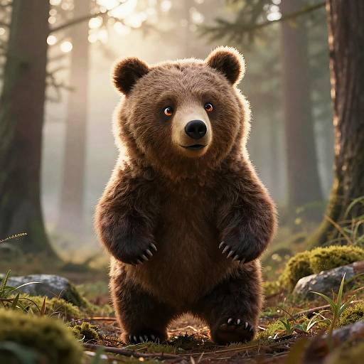 Vintage Comic Bear Cub in Misty Forest