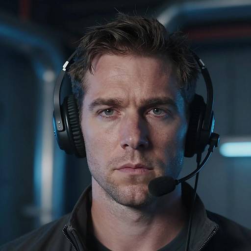 Intense Man in Blue Industrial Setting