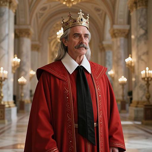 Photograph of an older, white man with long gray hair and a mustache, wearing a gold crown and red ornate robe, standing in an