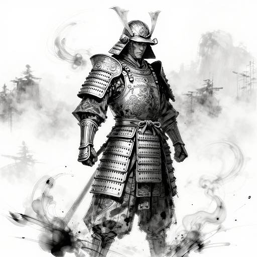 Monochromatic digital drawing of a stern samurai in full armor, standing with a confident stance, surrounded by smoky black ink splatters.