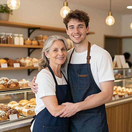 Photograph of a smiling middle-aged woman with gray hair and a young man with brown curly hair, both wearing white shirts and black aprons, standing