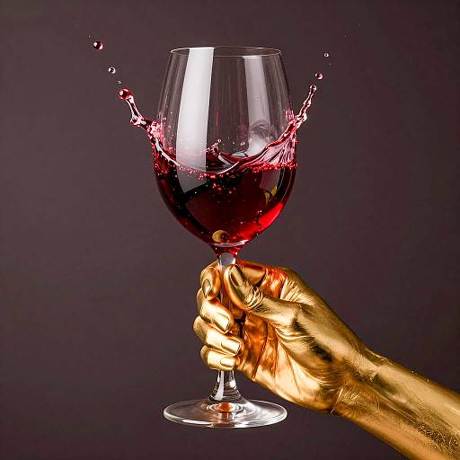 Gold Hand Holding Splashing Red Wine Glass