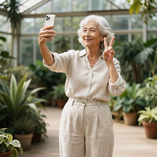 Elderly Woman Selfie in Greenhouse