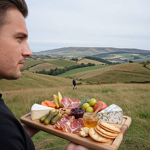 Photograph of a man in profile holding a wooden tray with assorted cheeses, crackers, fruits, and meats, overlooking a rolling hill landscape.