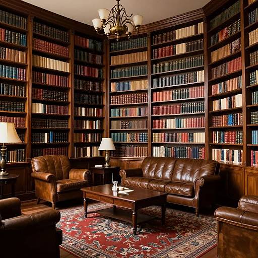Photograph of a traditional library room with dark wooden bookshelves filled with colorful books, brown leather sofas, a wooden coffee table, and a pattern