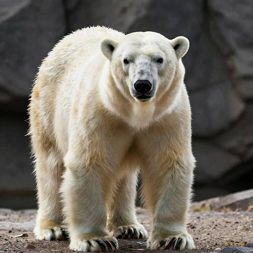 Photograph of a large, white polar bear with thick fur standing on a rocky terrain, facing the camera with a serious expression.