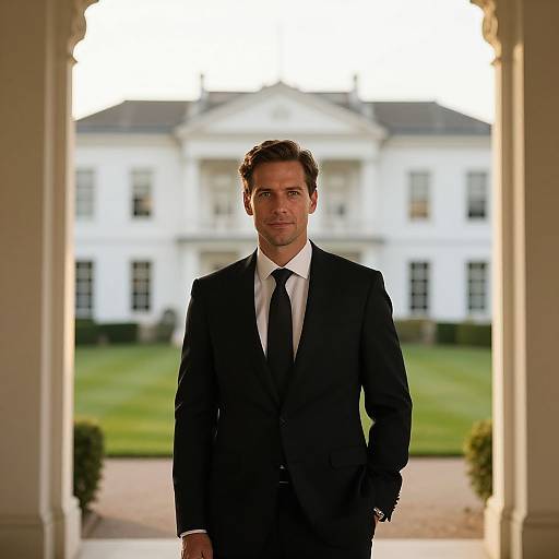 Photograph of a handsome man in a black suit and tie standing in front of the White House, framed by a colonnade. Bright daylight enhances