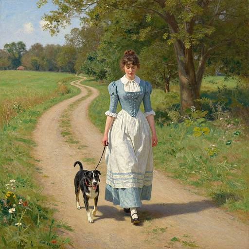 A young woman in a blue and white Victorian dress walks a black and white dog on a sunny, dirt road in a lush, green countryside. Real