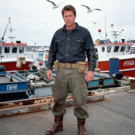 Photograph of a muscular, blue-eyed, brown-haired man in a black denim shirt, olive cargo pants, and brown boots, standing in a busy