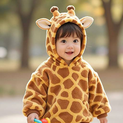 Photograph of a smiling baby with brown hair, wearing a brown and yellow giraffe-themed hooded fleece, standing outdoors in a sunlit park.