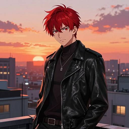 Anime-style digital drawing of a red-haired, handsome man in a black leather jacket, black turtleneck, and necklace, standing on a rooftop at