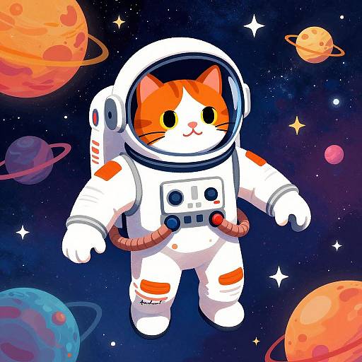 Digital illustration of an adorable orange and white cat in a white astronaut suit floating in a colorful, starry space with various colorful planets.
