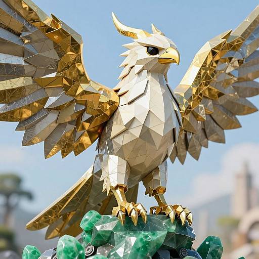 Photograph of a golden, geometric paper-crafted eagle with sharp wings, standing on green crystal rocks, against a clear blue sky.