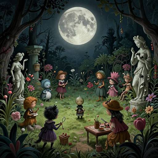 Surreal Moonlit Garden in Gorey Style