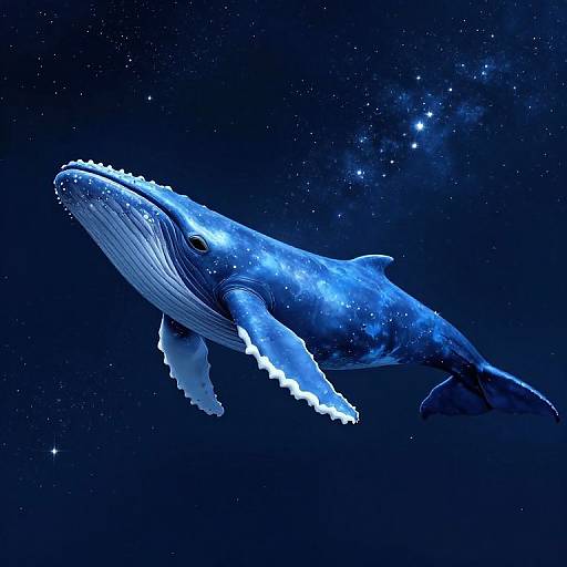 Digital illustration of a glowing blue whale with illuminated edges, swimming through a starry, cosmic ocean background.
