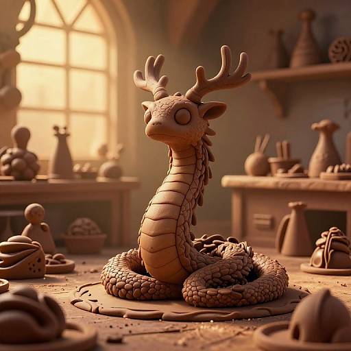 Photorealistic CGI of a clay dragon sculpture with antlers, coiled body, and large eyes, in a sunlit pottery workshop.