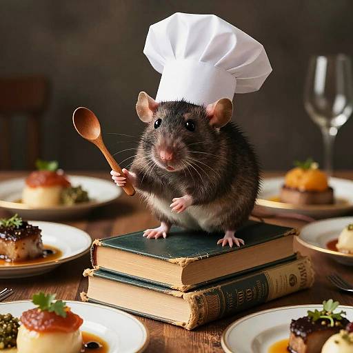 Photograph of a rat wearing a white chef hat, holding a spoon, sitting on a stack of old books, surrounded by gourmet desserts on a wooden