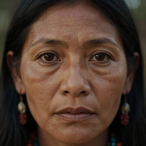 Close-up photograph of a serious, middle-aged Indigenous woman with dark brown eyes, long black hair, and visible wrinkles, wearing traditional earrings.