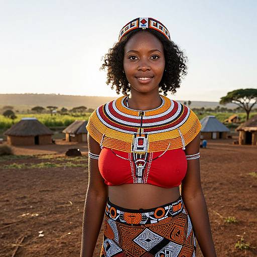 Photograph of a smiling African woman with dark skin, curly hair, wearing traditional red and orange beaded top, matching skirt, and headpiece,