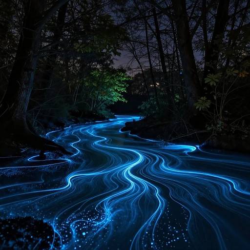 Photograph of a dark forest stream at night, illuminated by vibrant blue light trails, creating wavy, glowing patterns on the water.