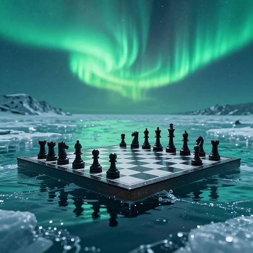 Photograph of a chessboard floating on icy water under vibrant green auroras, with black chess pieces arranged for play.