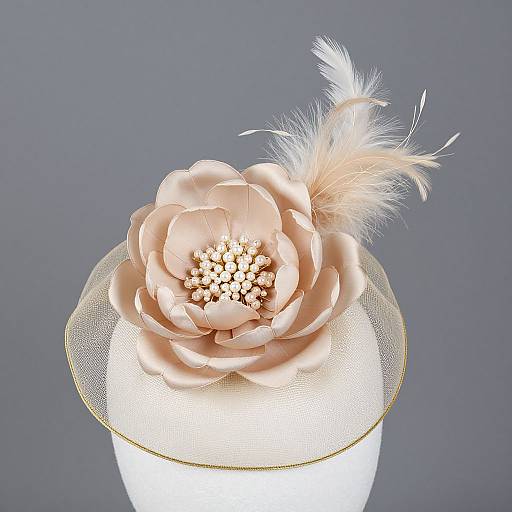 Photograph of a pastel pink satin rose flower with white pearls at the center, adorned with a white feather, atop a white, mesh-covered hat