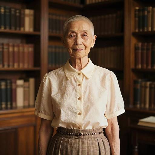 Elderly Woman in Vintage Clothing in Historic Library