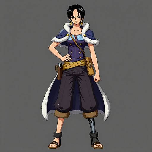Anime-style digital drawing of a black-haired character with a prosthetic leg, wearing a blue fur-trimmed coat, black pants, and sandals.