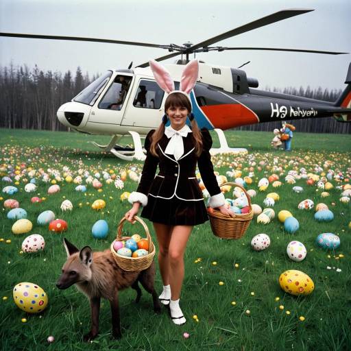 1970s Easter Scene with Woman, Hyena, and Helicopter