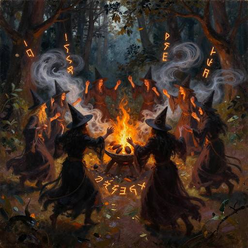 Digital painting of dark, silhouetted witches in pointed hats casting spells around a glowing, fiery campfire in a dense, shadowy forest.