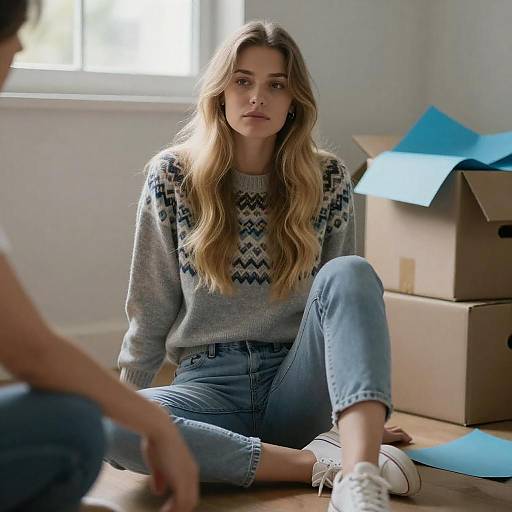 Young Woman Sitting on Floor in Cluttered Room