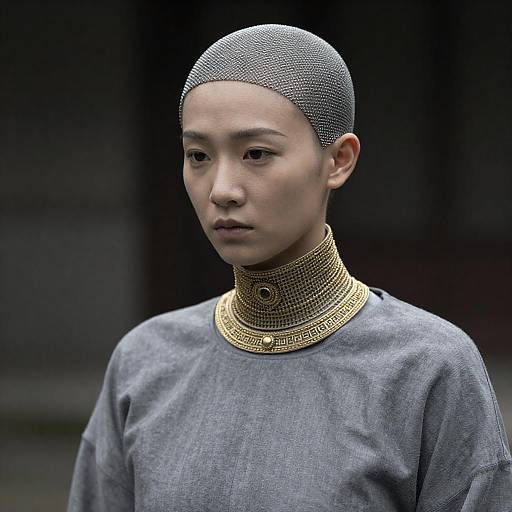 Bald Woman with Metallic Mesh Headpiece