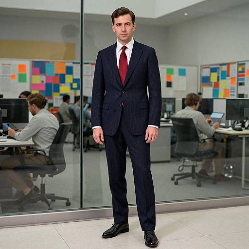 Photograph of a tall, handsome man in a black pinstripe suit, red tie, and white shirt, standing in a modern office with glass