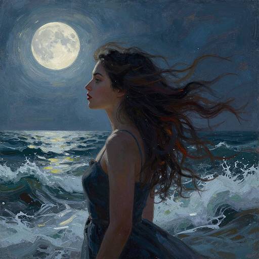 Digital painting of a young woman with flowing dark hair, wearing a dark dress, standing in moonlit ocean waves, gazing at the bright full moon