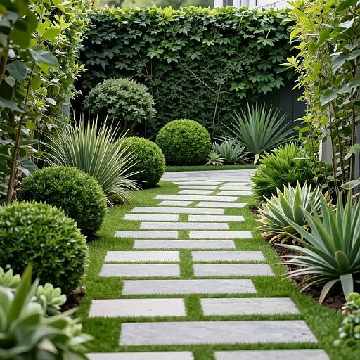 Photograph of a narrow, lush garden pathway with white stone steps, surrounded by round green bushes, spiky agave plants, and tall leafy