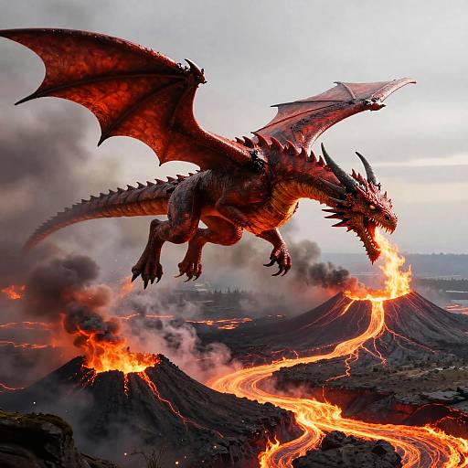 Fierce Red Dragon Over Volcano