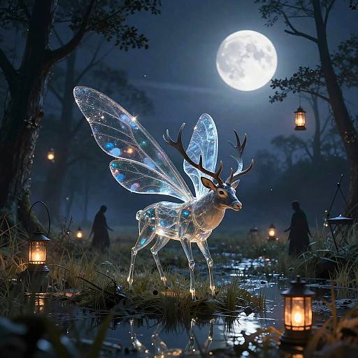 Glass-Winged Stag in Moonlit Marsh