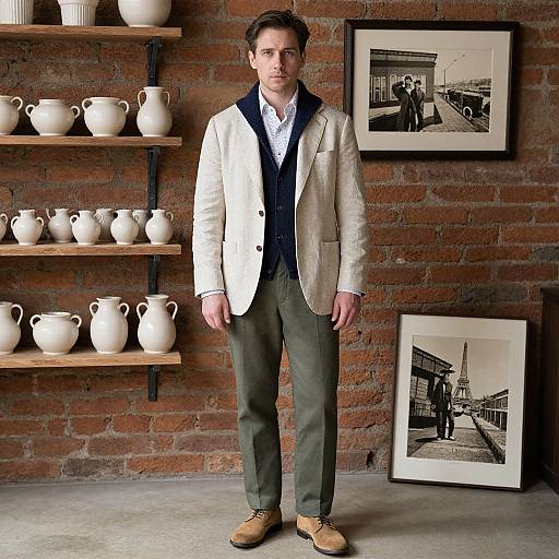 Photograph of a man in a beige blazer, green pants, and brown shoes, standing in a brick-walled room with pottery shelves and black