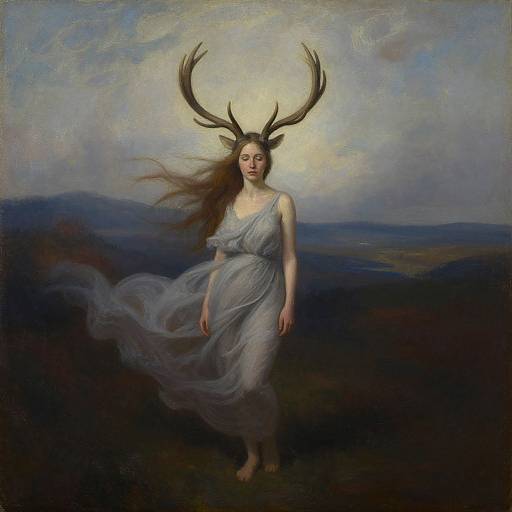 Mysterious painting of a woman with deer antlers, flowing white dress, and long brown hair in a dark, ethereal landscape.
