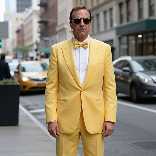 Photograph of a middle-aged man in a bright yellow suit, white shirt, black bow tie, and sunglasses, standing on a busy city street with