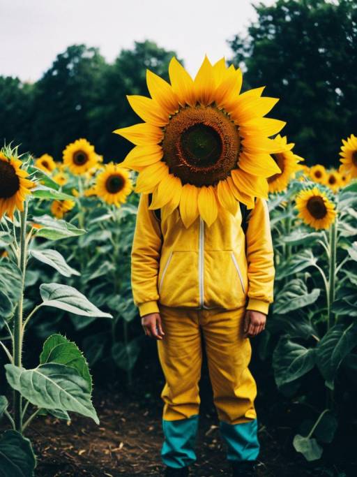 Person Wearing Sunflower Costume in Sunflower Field