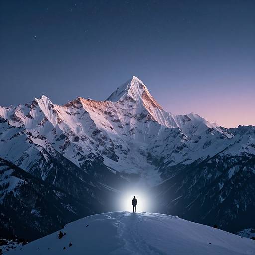 Photograph: Silhouetted hiker stands on snowy mountain peak at dawn, illuminated by rising sun, with majestic snow-capped peaks and twilight