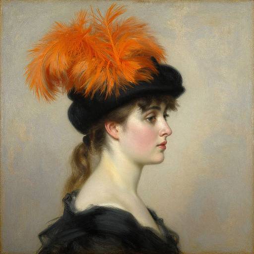 Oil painting of a fair-skinned woman in profile, wearing a black hat adorned with vibrant orange feathers, against a muted background.